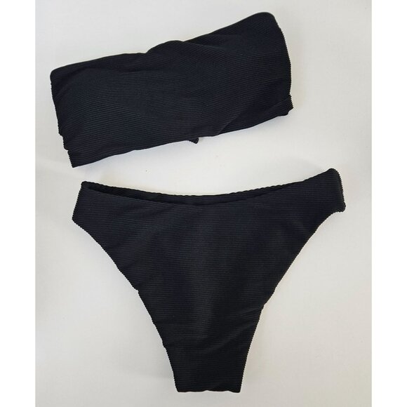 Womens M Black Ribbed Two-Piece Strapless Bikini Set Drawstring Bandeau Top Sexy - Picture 4 of 10